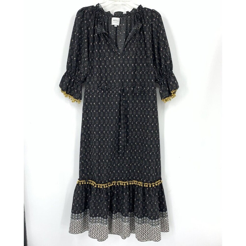 MISA LA Maxi Dress Black White Print Yellow Pom Trim V Neck Tassels Womens XS